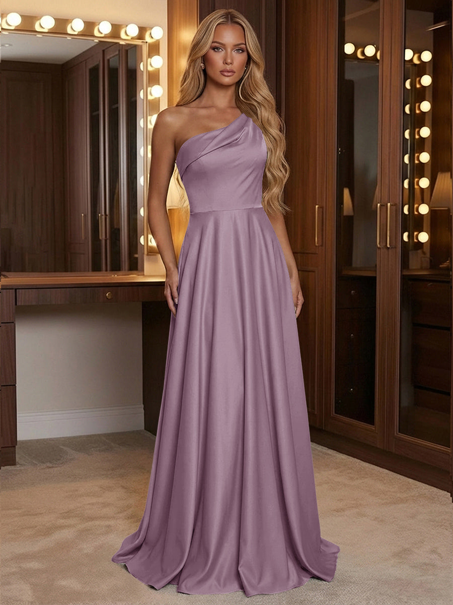 A Line One Shoulder Pleated Minimalist Bridesmaid Dresses with Pockets