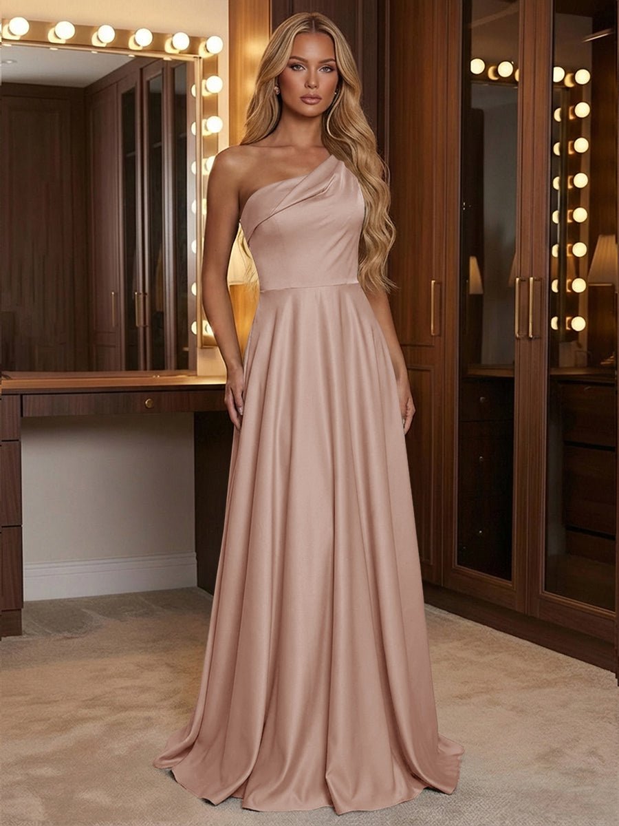 A Line One Shoulder Pleated Minimalist Bridesmaid Dresses with Pockets