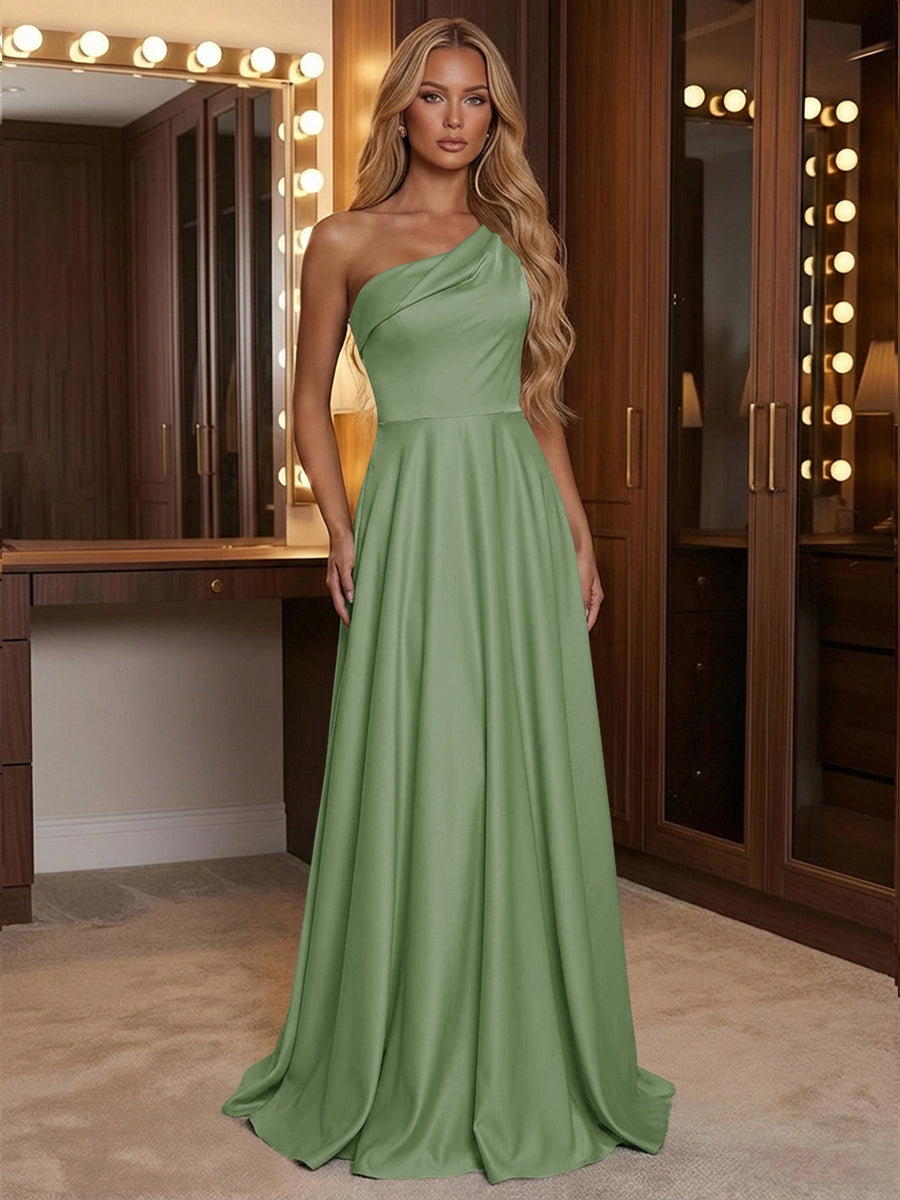 A Line One Shoulder Pleated Minimalist Bridesmaid Dresses with Pockets