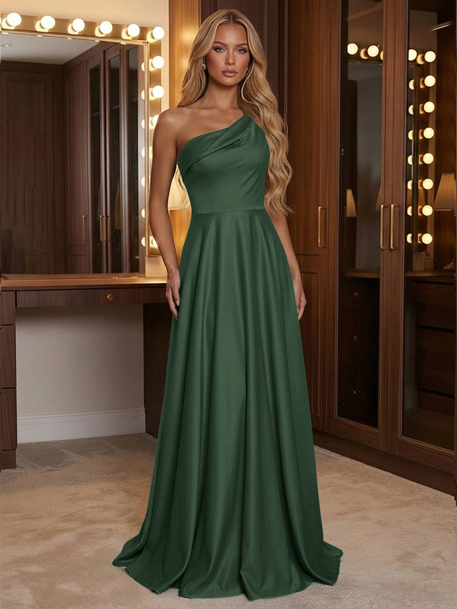 A Line One Shoulder Pleated Minimalist Bridesmaid Dresses with Pockets