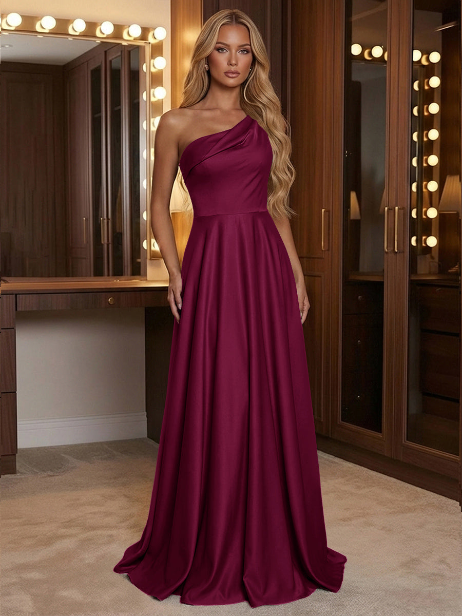 A Line One Shoulder Pleated Minimalist Bridesmaid Dresses with Pockets