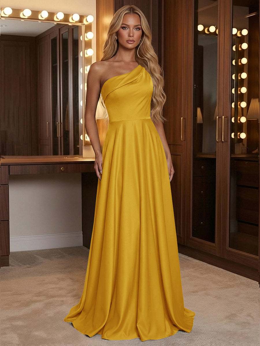 A Line One Shoulder Pleated Minimalist Bridesmaid Dresses with Pockets