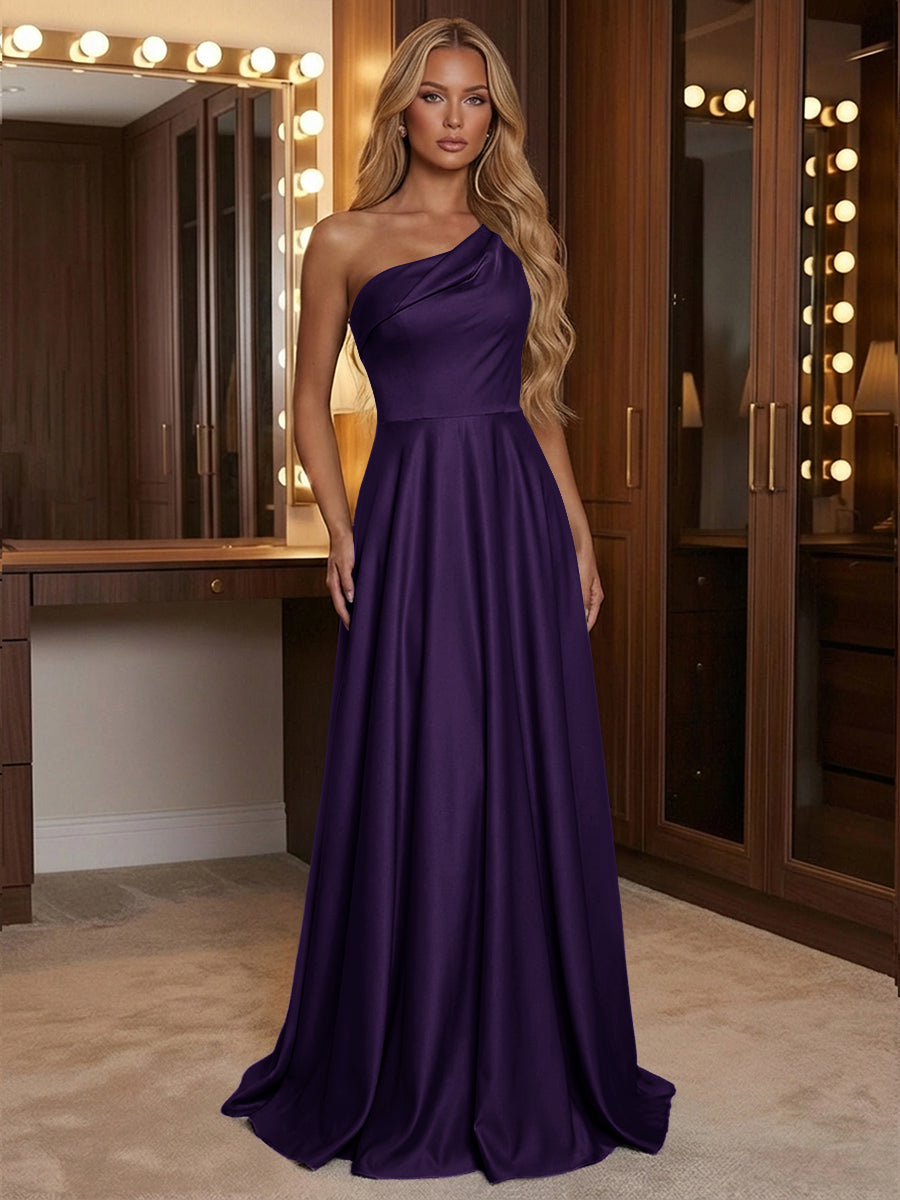A Line One Shoulder Pleated Minimalist Bridesmaid Dresses with Pockets