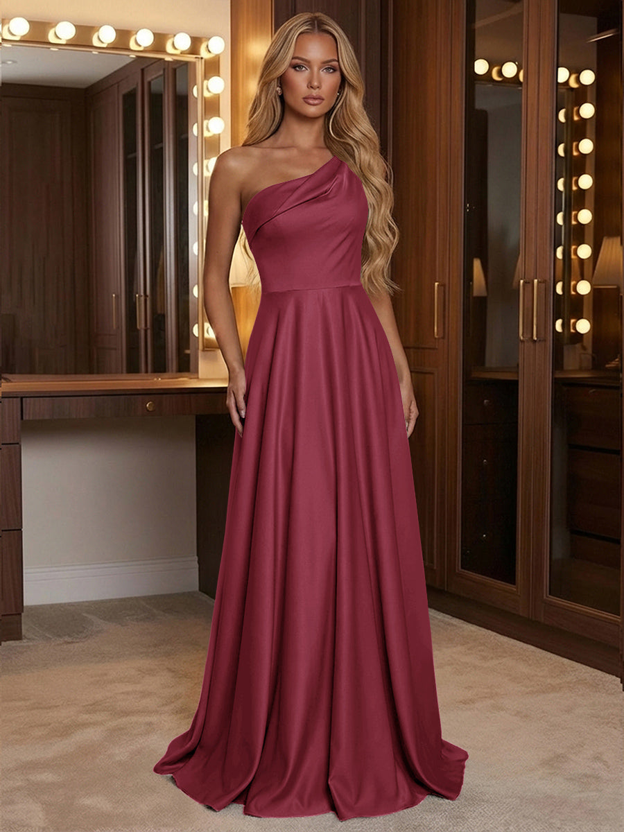A Line One Shoulder Pleated Minimalist Bridesmaid Dresses with Pockets
