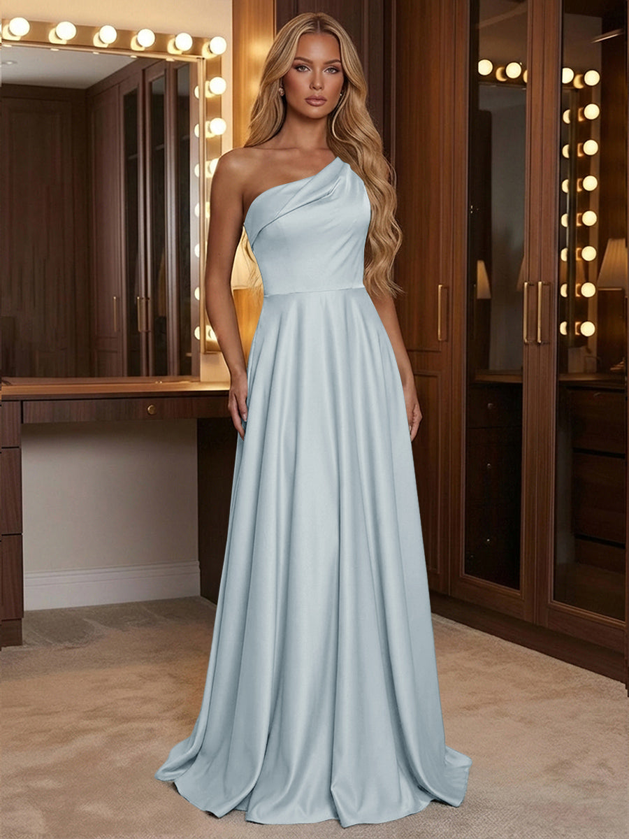 A Line One Shoulder Pleated Minimalist Bridesmaid Dresses with Pockets