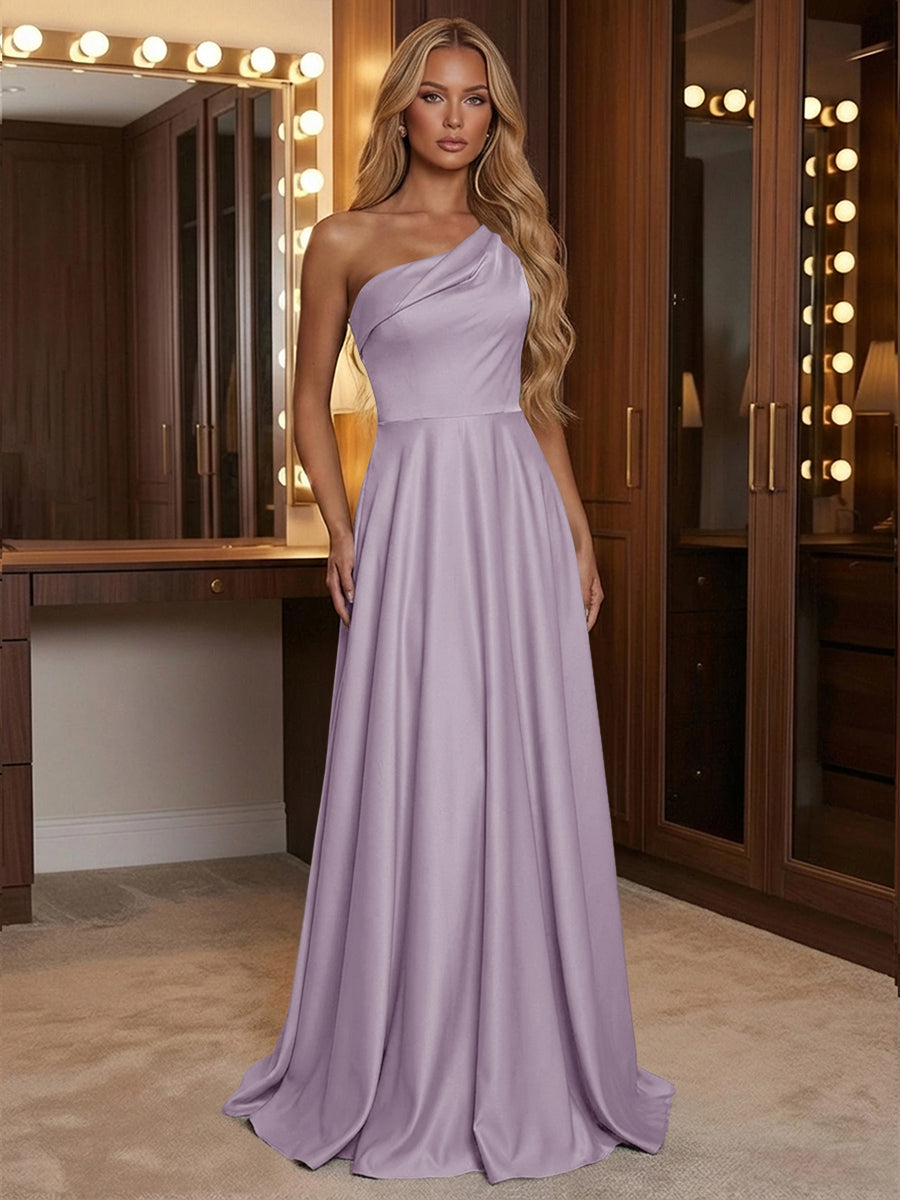 A Line One Shoulder Pleated Minimalist Bridesmaid Dresses with Pockets