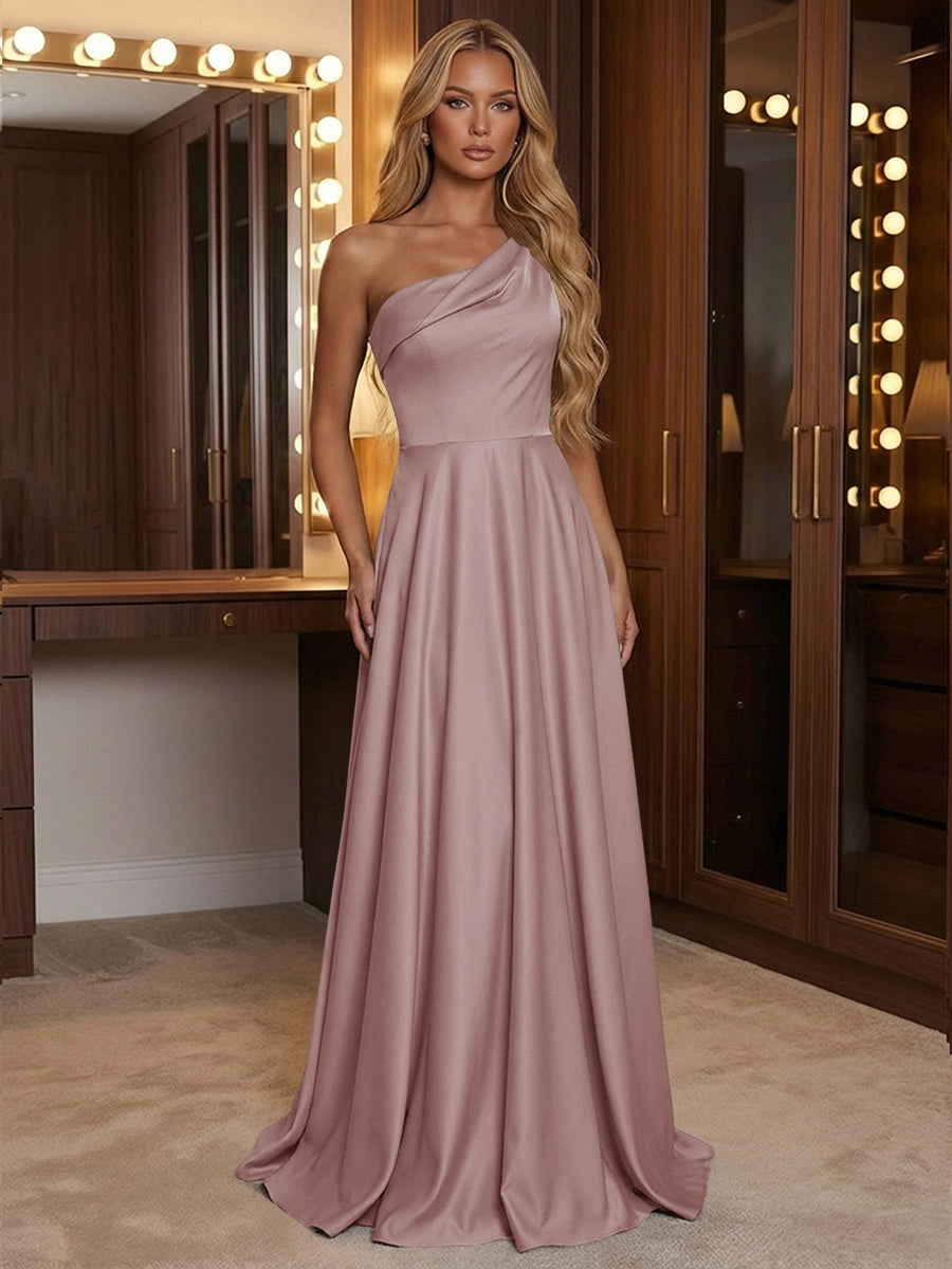A Line One Shoulder Pleated Minimalist Bridesmaid Dresses with Pockets