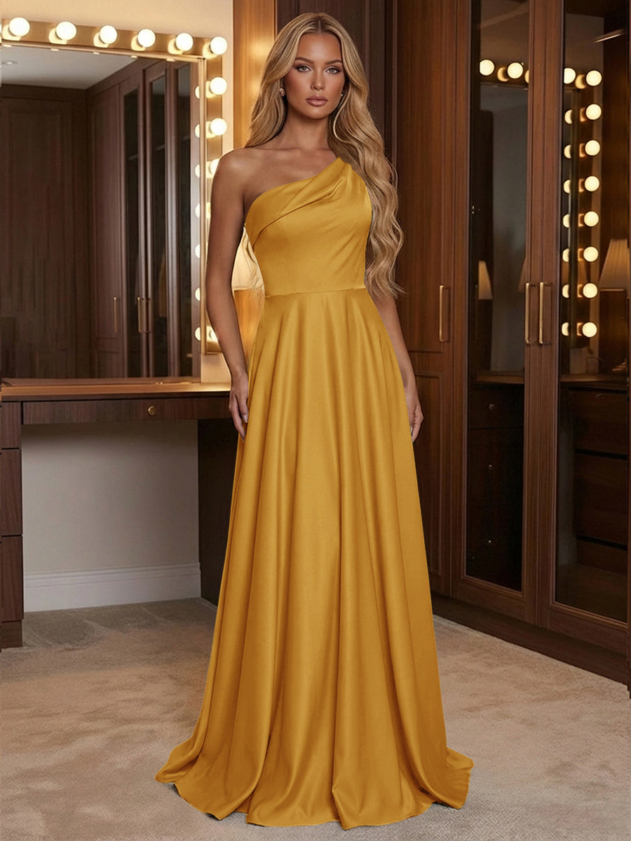 A Line One Shoulder Pleated Minimalist Bridesmaid Dresses with Pockets