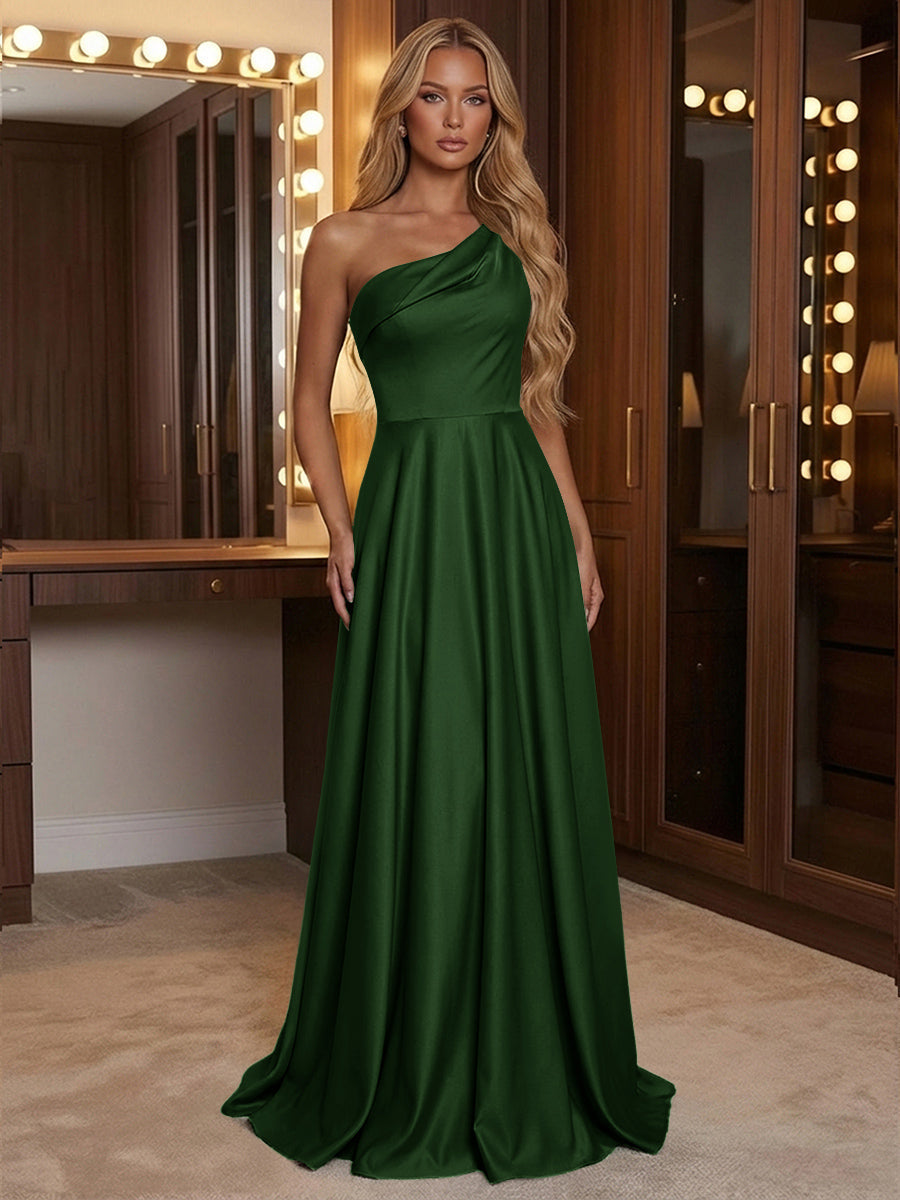 A Line One Shoulder Pleated Minimalist Bridesmaid Dresses with Pockets