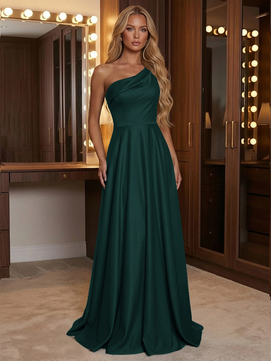 A Line One Shoulder Pleated Minimalist Bridesmaid Dresses with Pockets