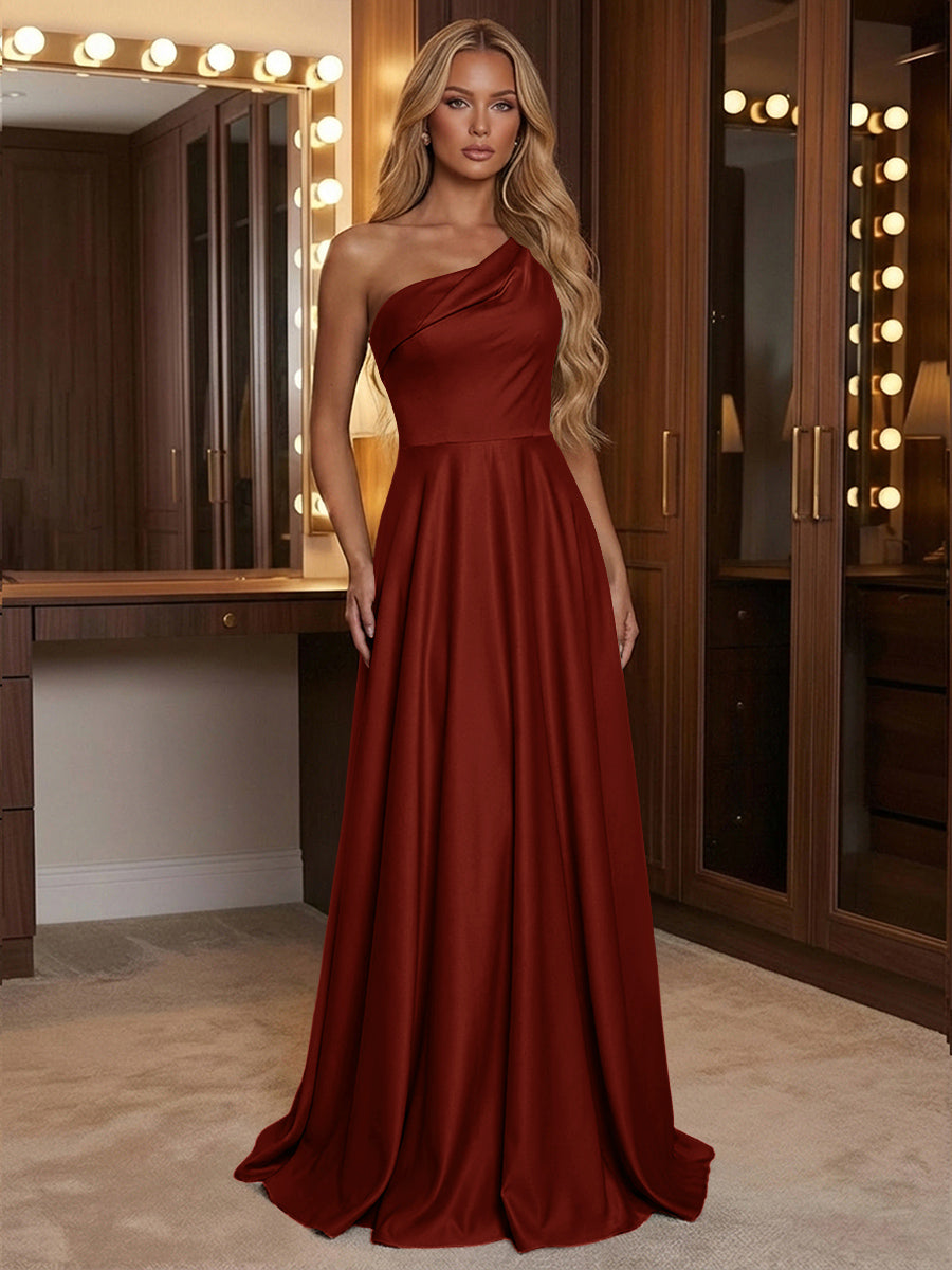 A Line One Shoulder Pleated Minimalist Bridesmaid Dresses with Pockets
