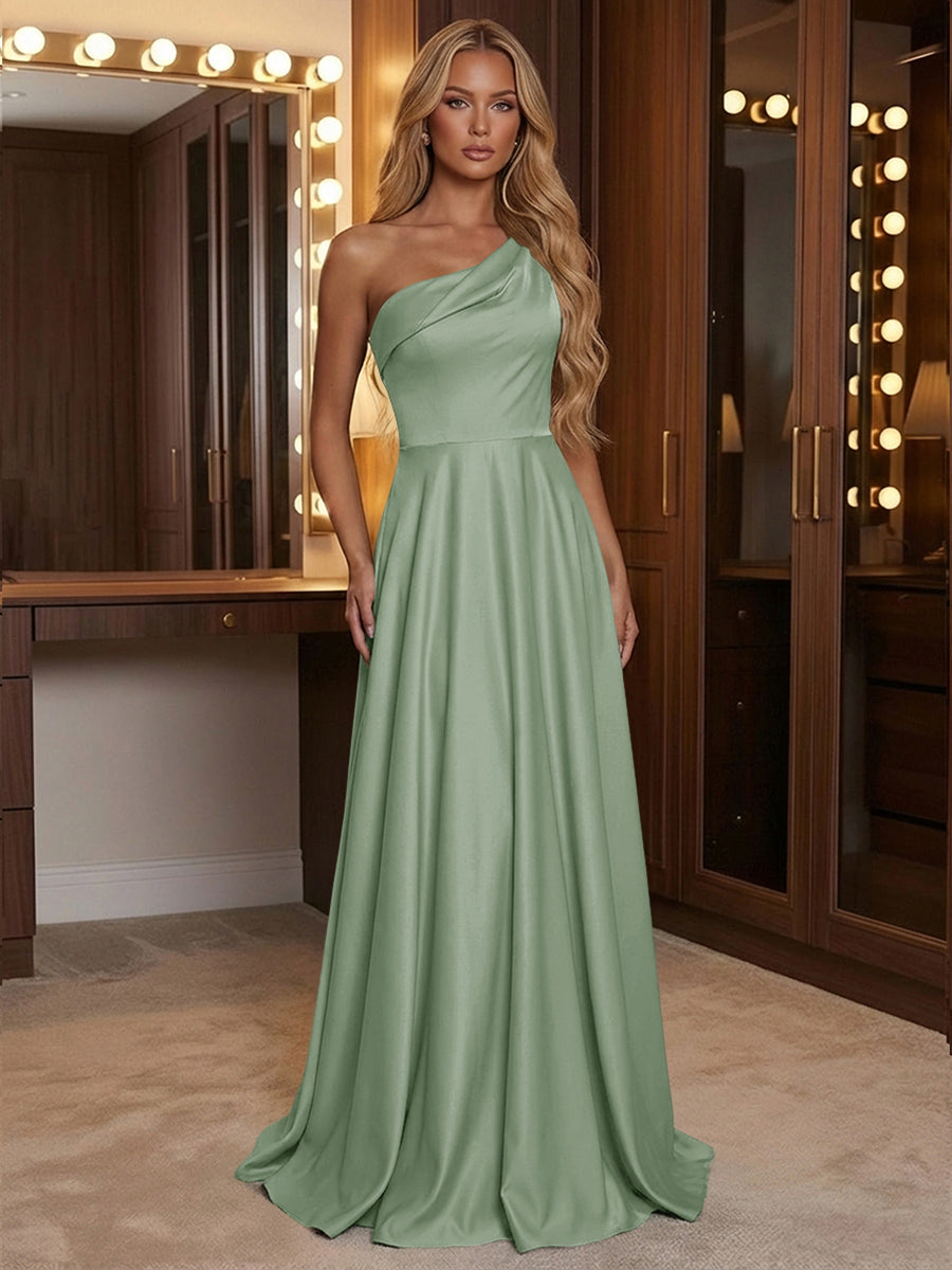 A Line One Shoulder Pleated Minimalist Bridesmaid Dresses with Pockets