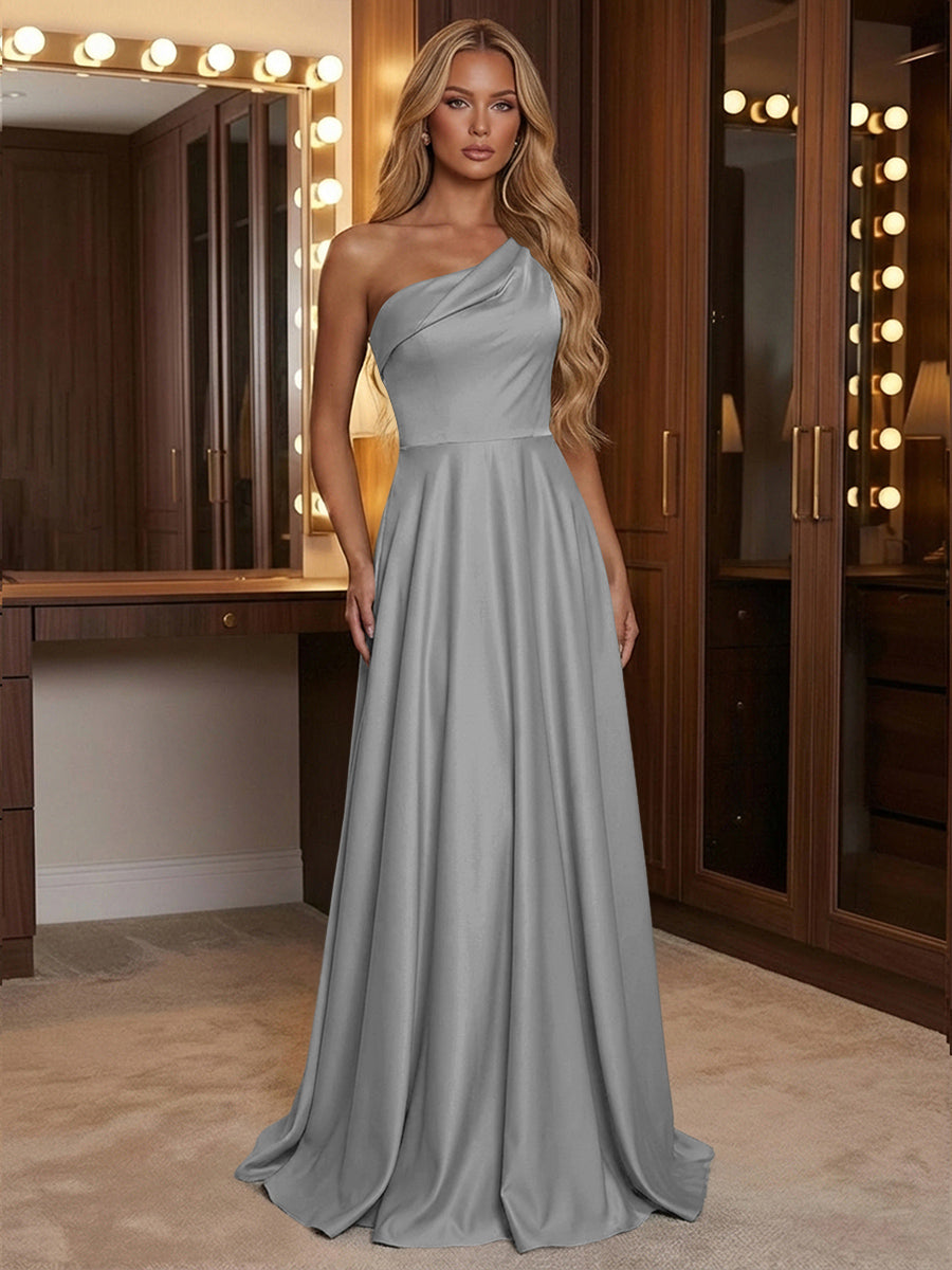 A Line One Shoulder Pleated Minimalist Bridesmaid Dresses with Pockets