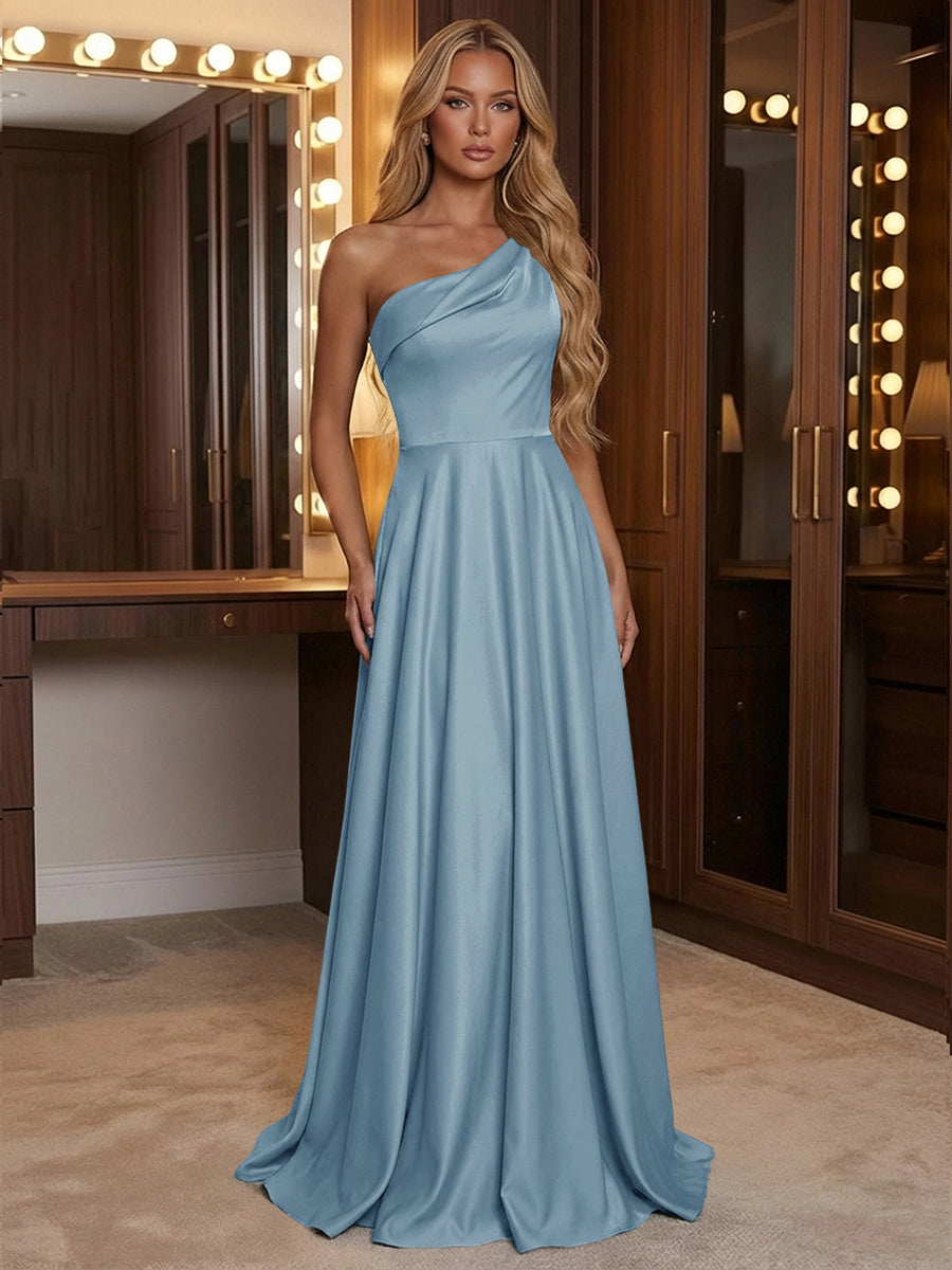 A Line One Shoulder Pleated Minimalist Bridesmaid Dresses with Pockets