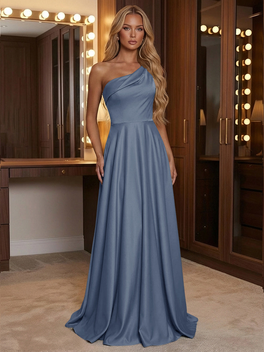 A Line One Shoulder Pleated Minimalist Bridesmaid Dresses with Pockets