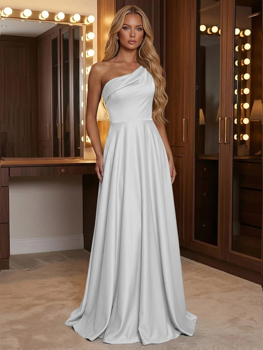 A Line One Shoulder Pleated Minimalist Bridesmaid Dresses with Pockets
