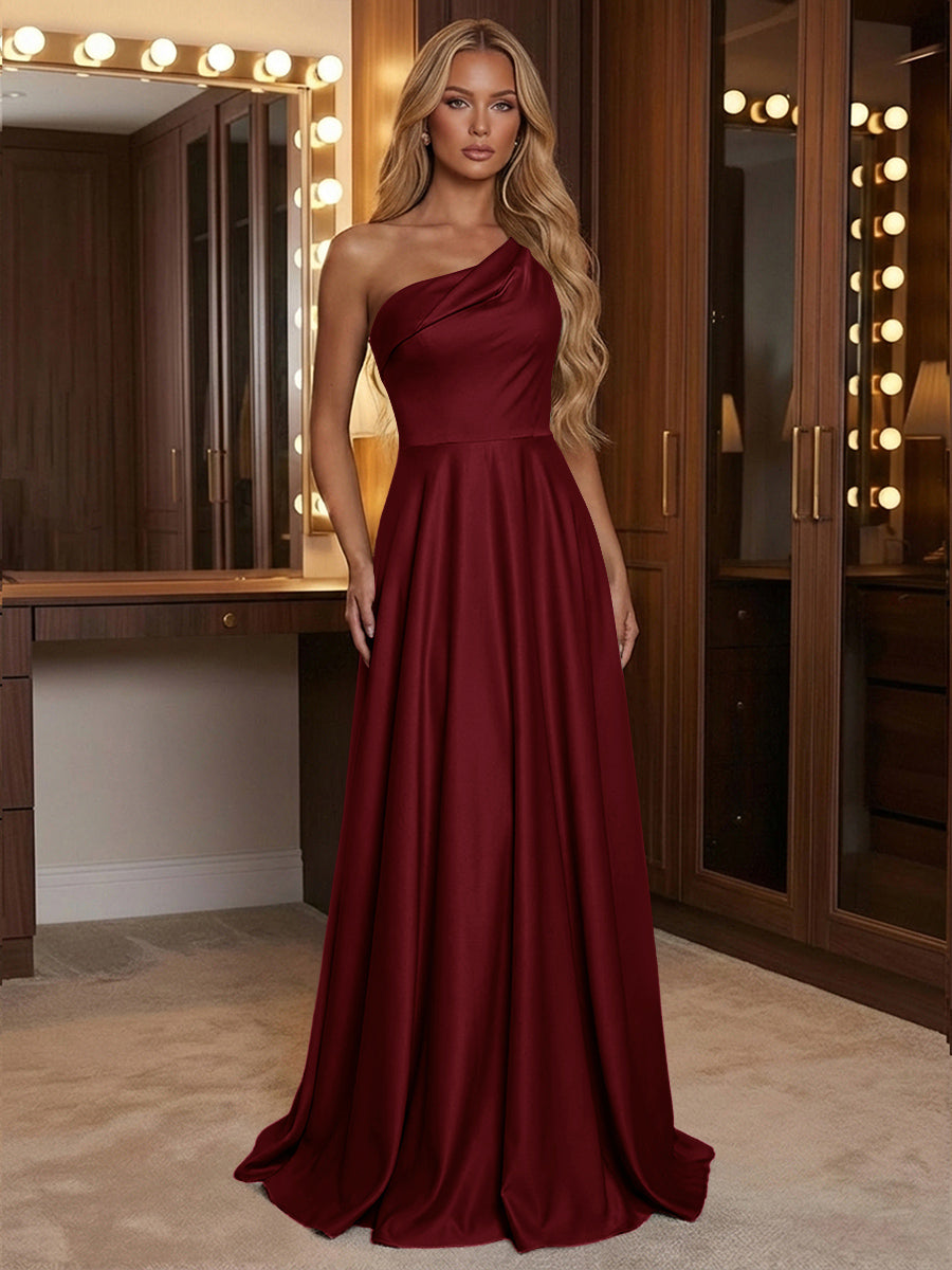 A Line One Shoulder Pleated Minimalist Bridesmaid Dresses with Pockets