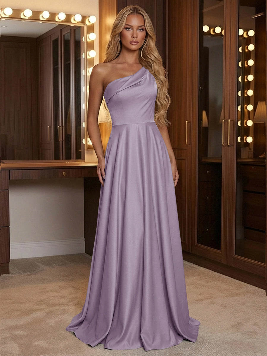 A Line One Shoulder Pleated Minimalist Bridesmaid Dresses with Pockets
