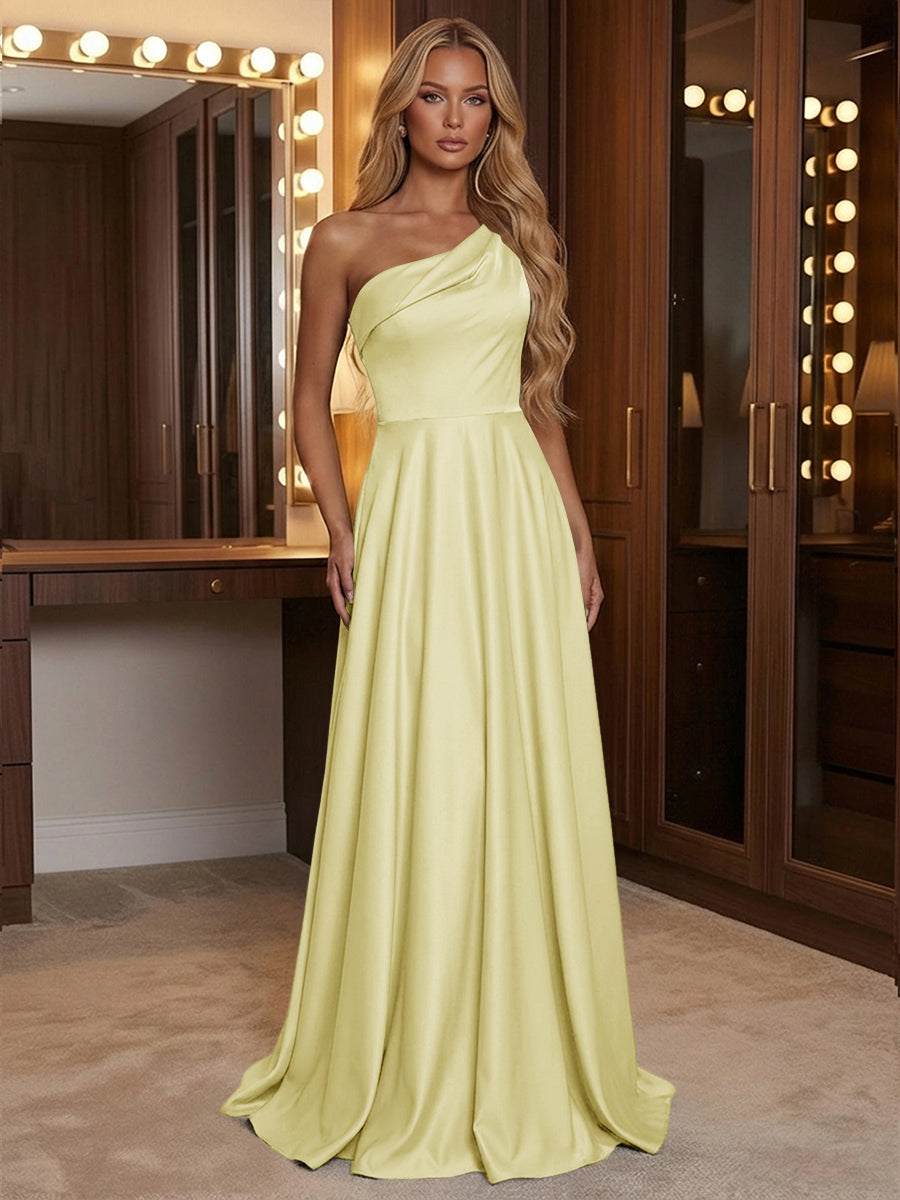 A Line One Shoulder Pleated Minimalist Bridesmaid Dresses with Pockets