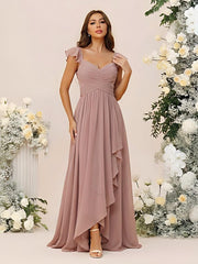 A Line Sweetheart Ruched Floor Length Bridesmaid Dresses with Ruffles