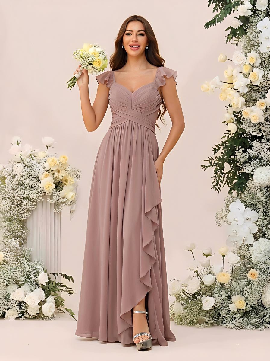 A Line Sweetheart Ruched Floor Length Bridesmaid Dresses with Ruffles