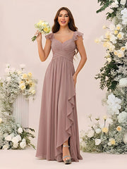A Line Sweetheart Ruched Floor Length Bridesmaid Dresses with Ruffles