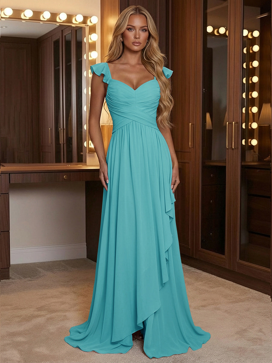 A Line Sweetheart Ruched Floor Length Bridesmaid Dresses with Ruffles
