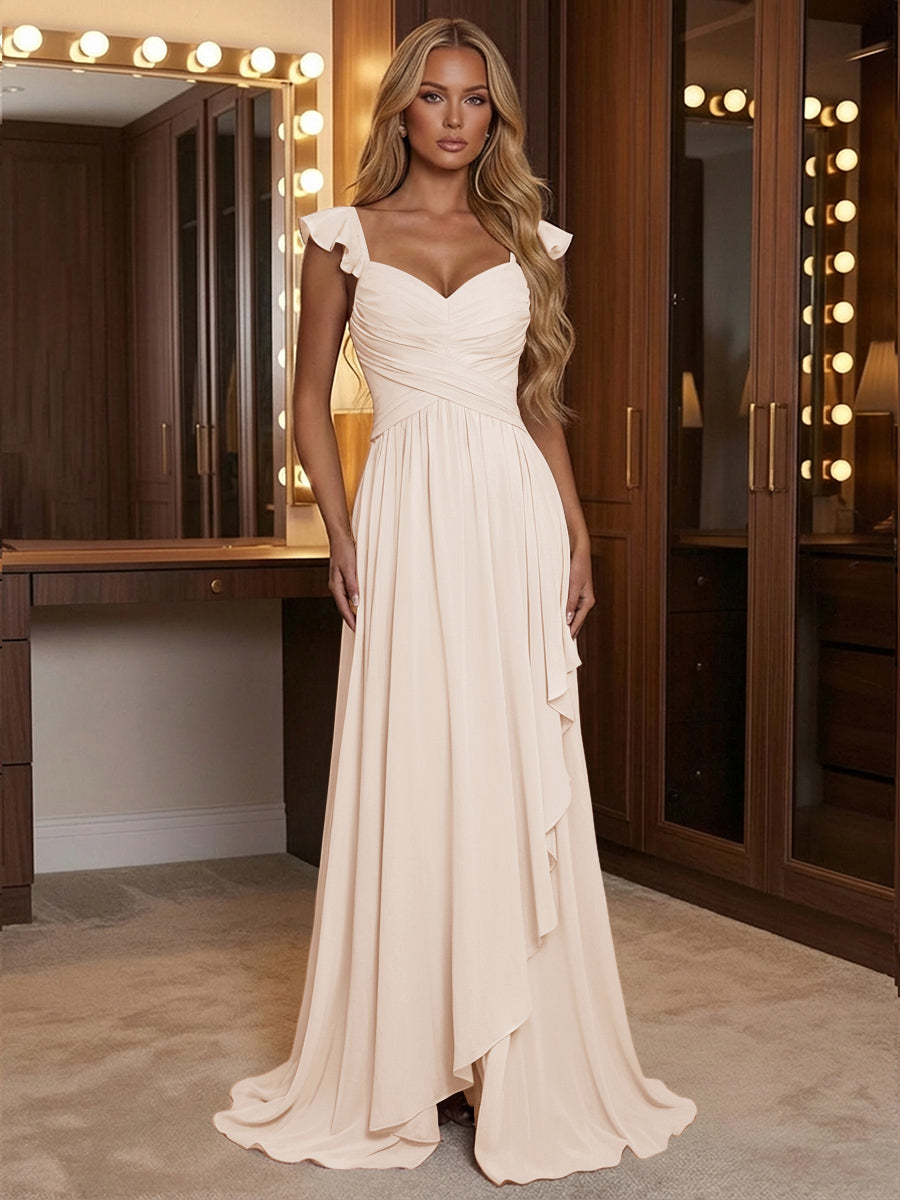 A Line Sweetheart Ruched Floor Length Bridesmaid Dresses with Ruffles