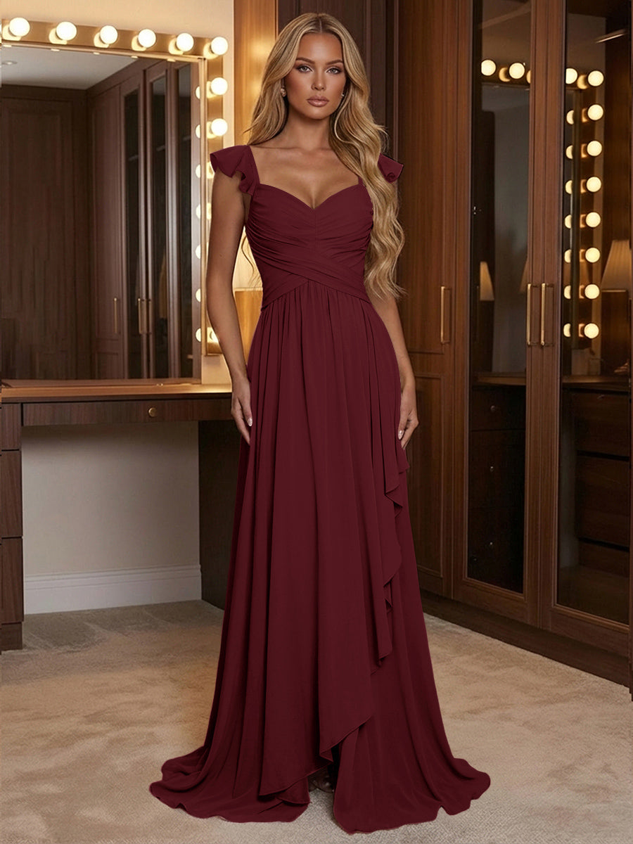 A Line Sweetheart Ruched Floor Length Bridesmaid Dresses with Ruffles