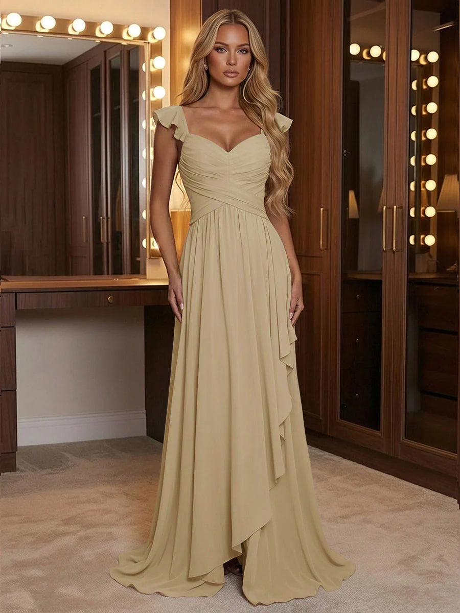 A Line Sweetheart Ruched Floor Length Bridesmaid Dresses with Ruffles