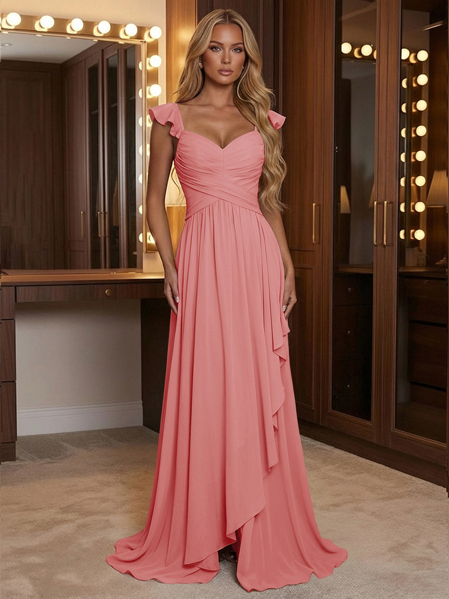 A Line Sweetheart Ruched Floor Length Bridesmaid Dresses with Ruffles
