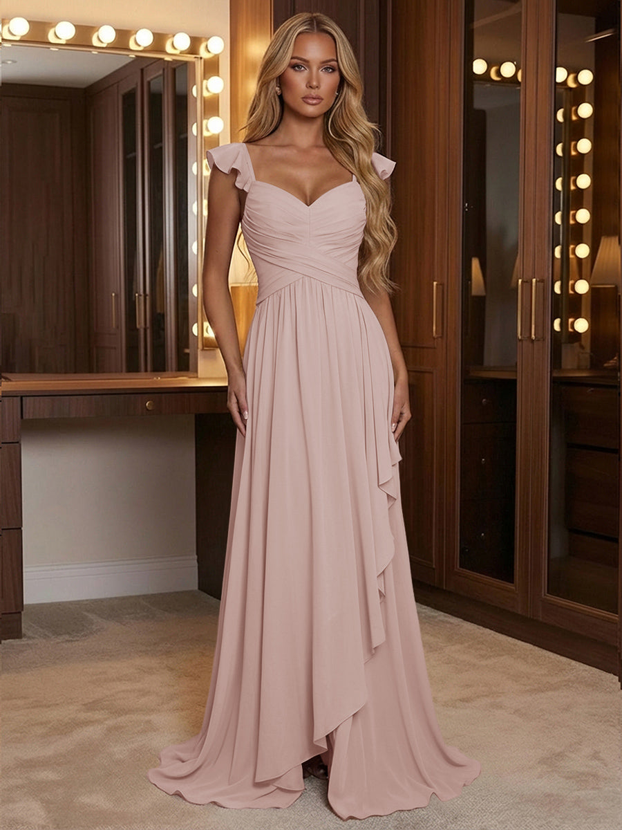 A Line Sweetheart Ruched Floor Length Bridesmaid Dresses with Ruffles