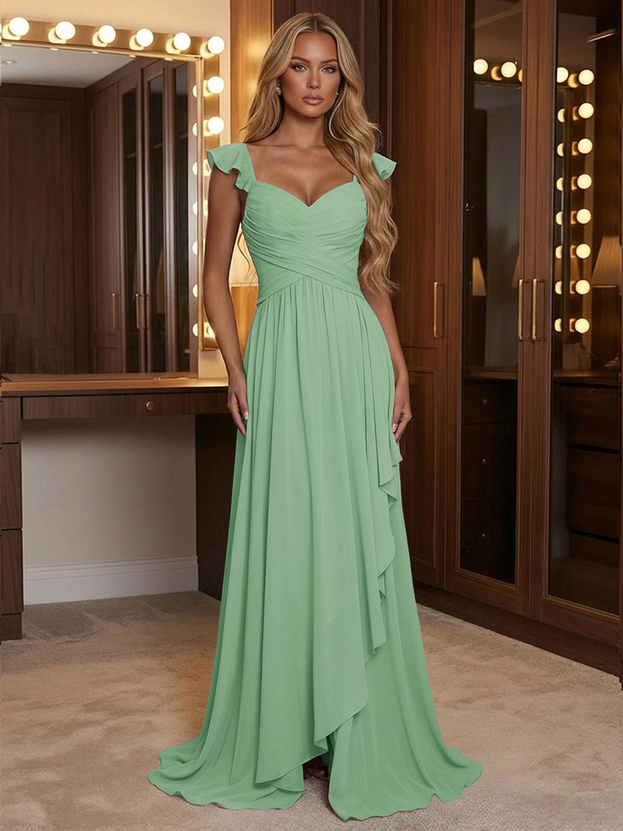 A Line Sweetheart Ruched Floor Length Bridesmaid Dresses with Ruffles