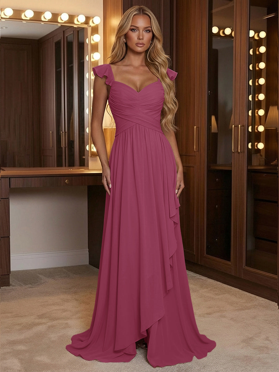 A Line Sweetheart Ruched Floor Length Bridesmaid Dresses with Ruffles