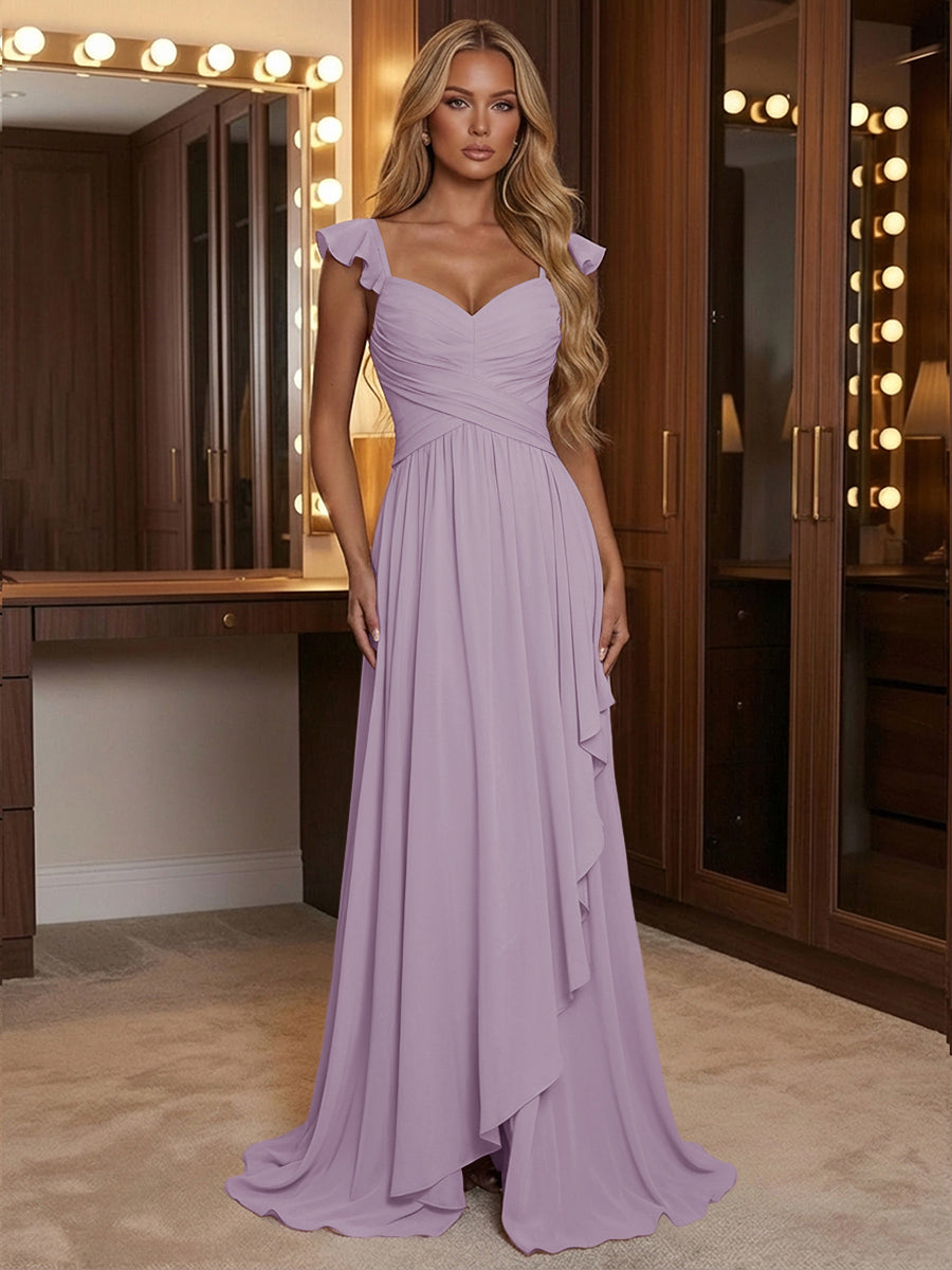 A Line Sweetheart Ruched Floor Length Bridesmaid Dresses with Ruffles