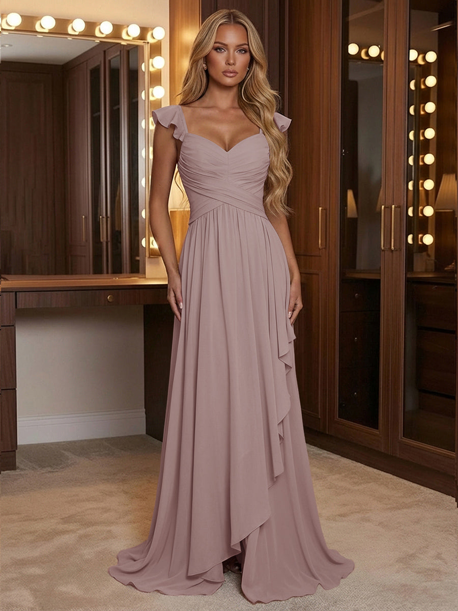 A Line Sweetheart Ruched Floor Length Bridesmaid Dresses with Ruffles