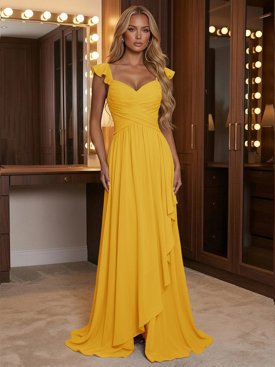 A Line Sweetheart Ruched Floor Length Bridesmaid Dresses with Ruffles
