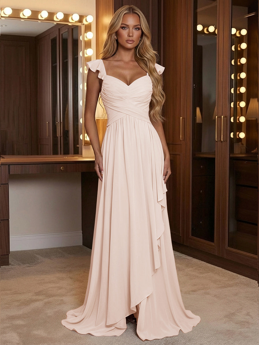 A Line Sweetheart Ruched Floor Length Bridesmaid Dresses with Ruffles