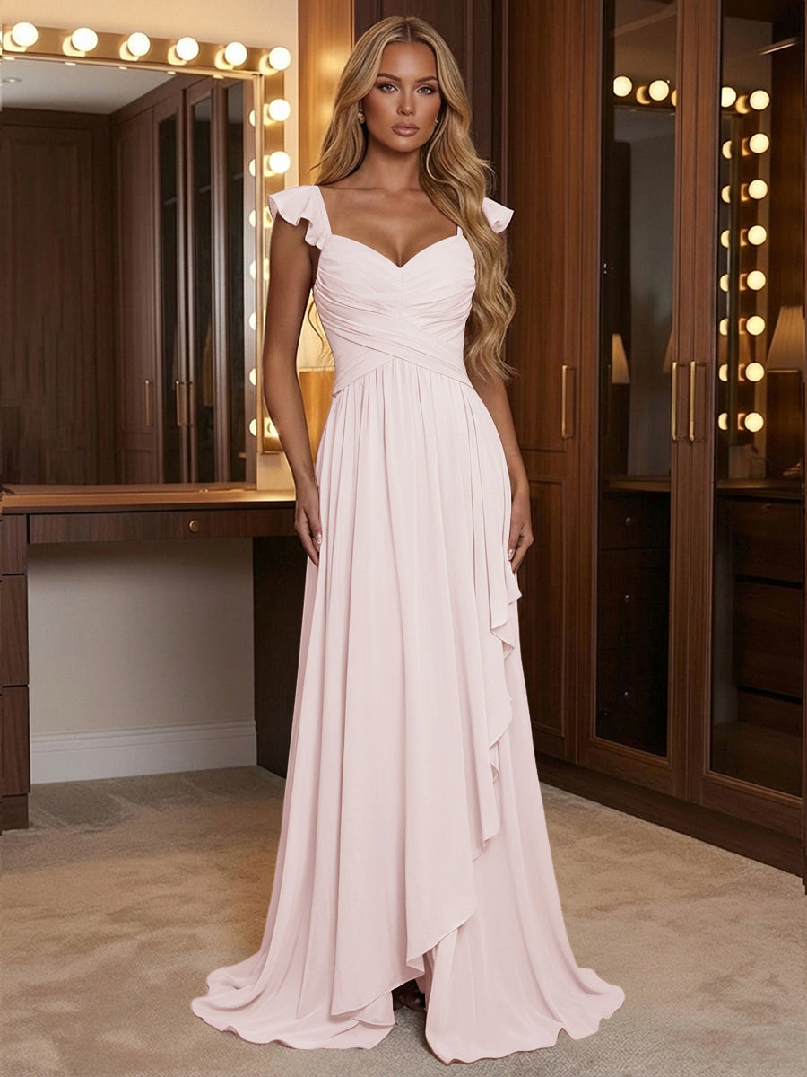 A Line Sweetheart Ruched Floor Length Bridesmaid Dresses with Ruffles
