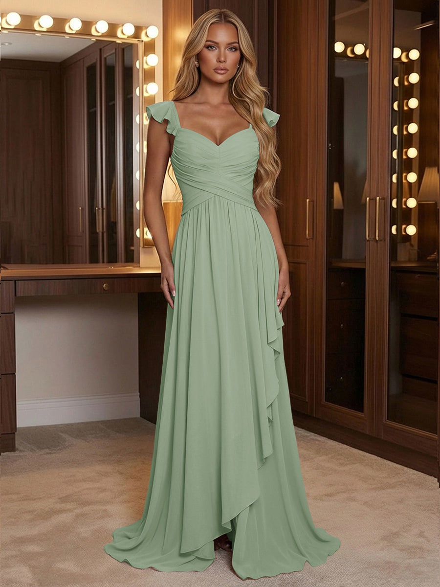 A Line Sweetheart Ruched Floor Length Bridesmaid Dresses with Ruffles