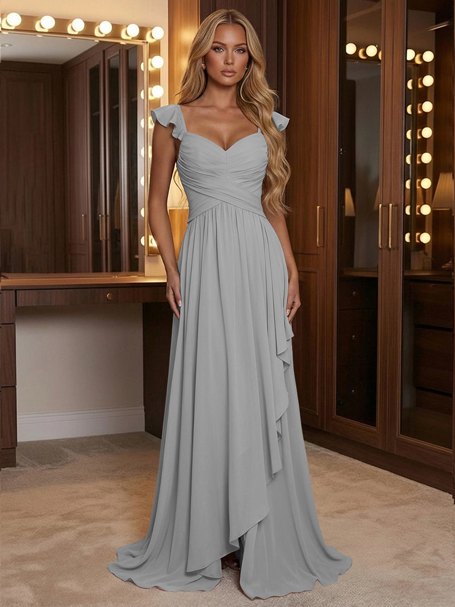 A Line Sweetheart Ruched Floor Length Bridesmaid Dresses with Ruffles