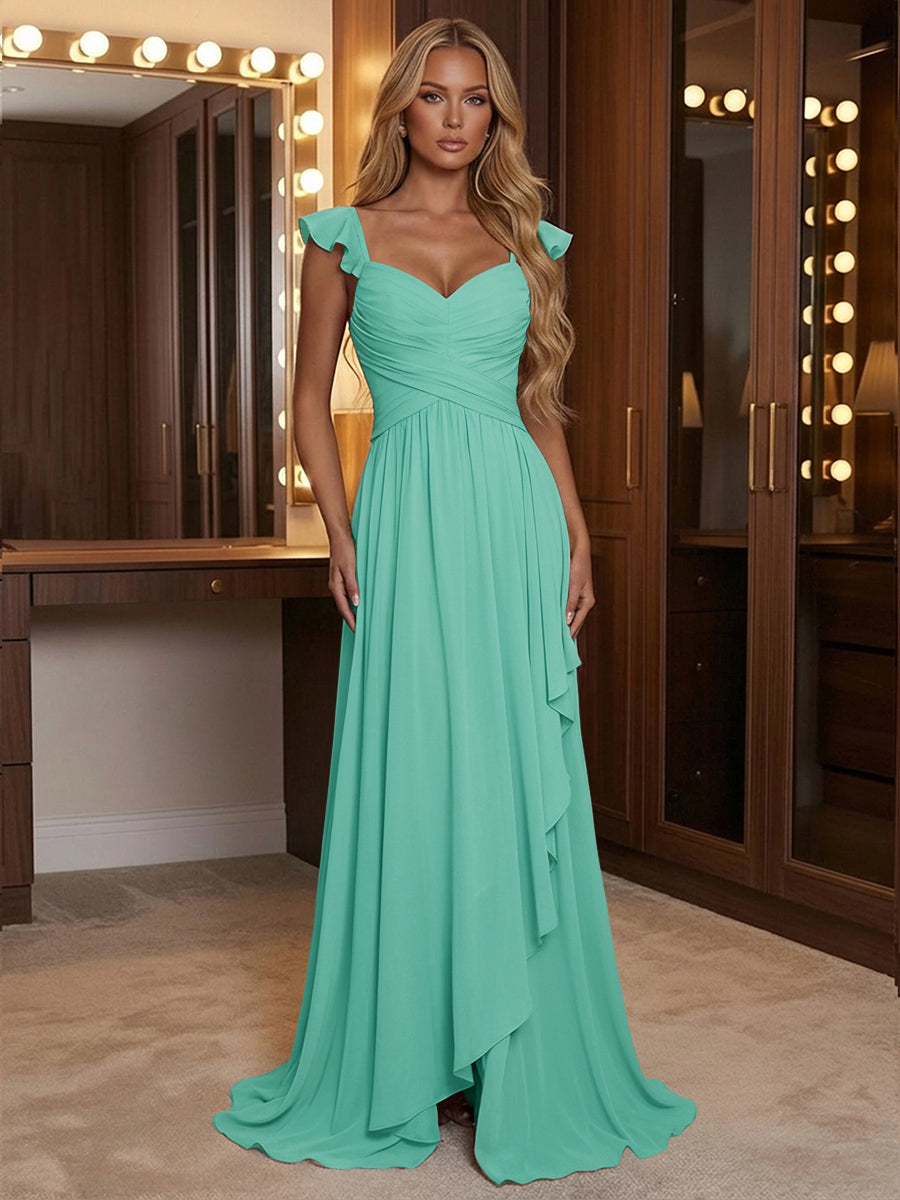A Line Sweetheart Ruched Floor Length Bridesmaid Dresses with Ruffles