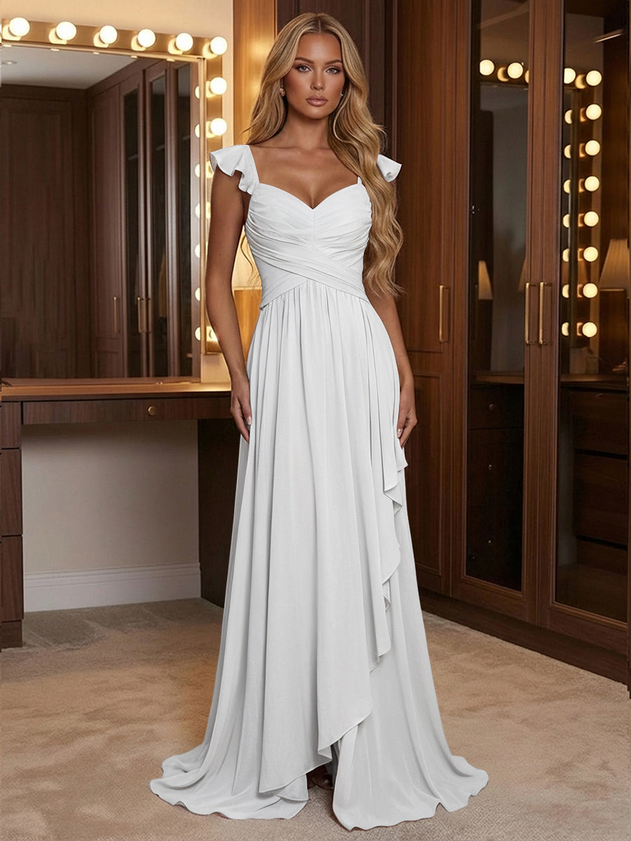 A Line Sweetheart Ruched Floor Length Bridesmaid Dresses with Ruffles
