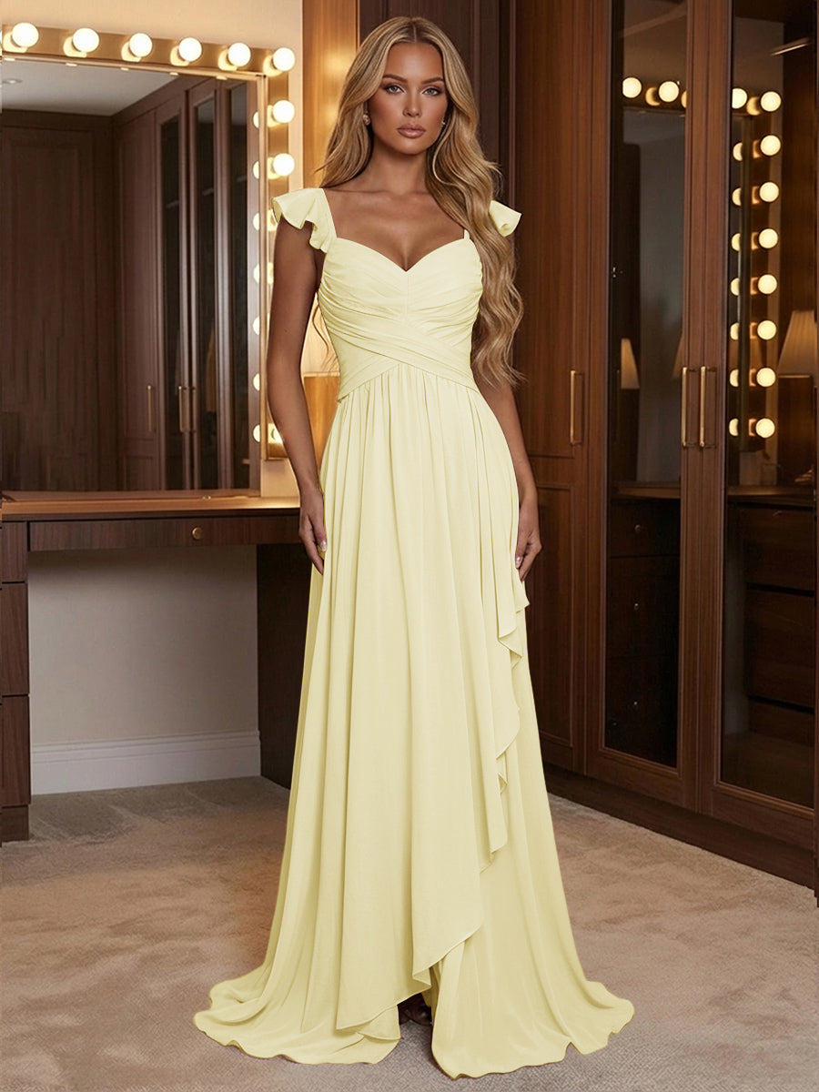 A Line Sweetheart Ruched Floor Length Bridesmaid Dresses with Ruffles