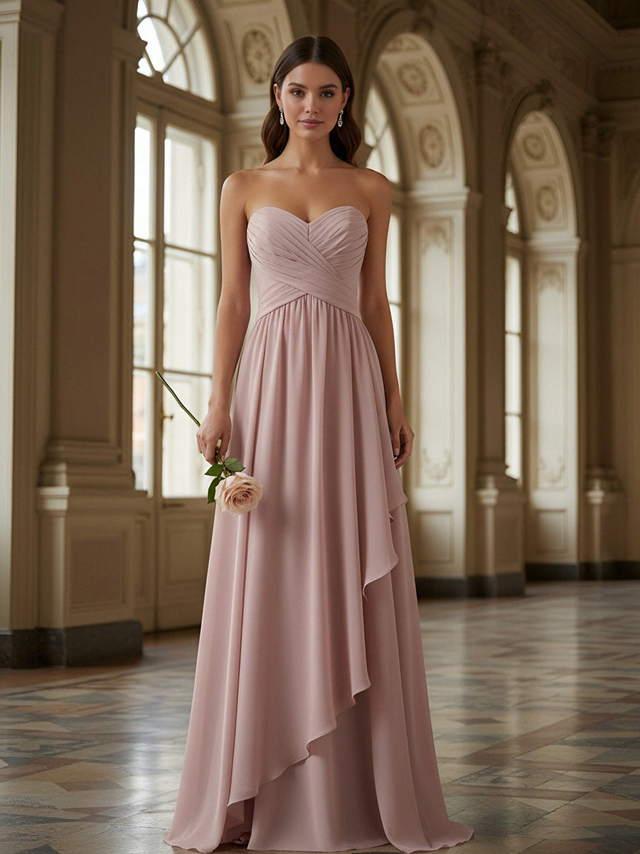 A Line Strapless Ruched Floor Length Chiffon Bridesmaid Dresses with Ruffles