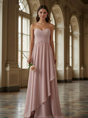 A Line Strapless Ruched Floor Length Chiffon Bridesmaid Dresses with Ruffles