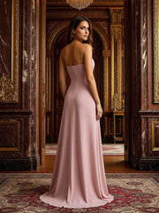 A Line Strapless Ruched Floor Length Chiffon Bridesmaid Dresses with Ruffles