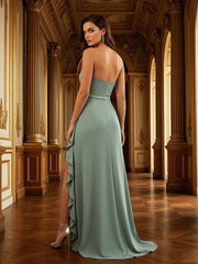 A Line Strapless Ruffled Sleeveless Bridesmaid Dresses with High Slit