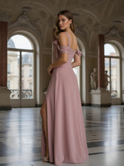 A Line Cold Shoulder Sleeveless Bridesmaid Dresses with Split Side Bows