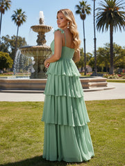 A Line Sleeveless Pleated Chiffon Spaghetti Straps Ruffles Bridesmaid Dresses